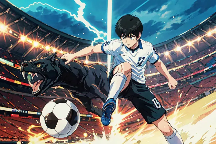 (masterpiece, best quality;1.3), extremely detailed ,ultra detailed,  1boy kicking soccer ball, looking forward,<lora:CaptainTsubasa_V4:0.4>,
captaintsubasa,  soccer player, panther shot,  eagle image,  lightning around , speed lines,
stadium background