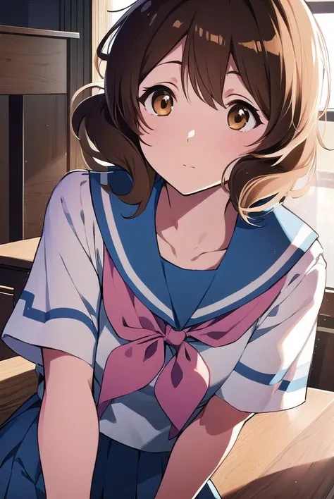 kumikooumae, <lyco:kumikooumae-LYCORIStest:1>,
kumiko oumae, (brown eyes:1.5), brown hair, short hair, wavy hair, (flat chest:1.2),
BREAK blue skirt, bracelet, kitauji high school uniform, neckerchief, pink neckerchief, pleated skirt, school uniform, seraf...