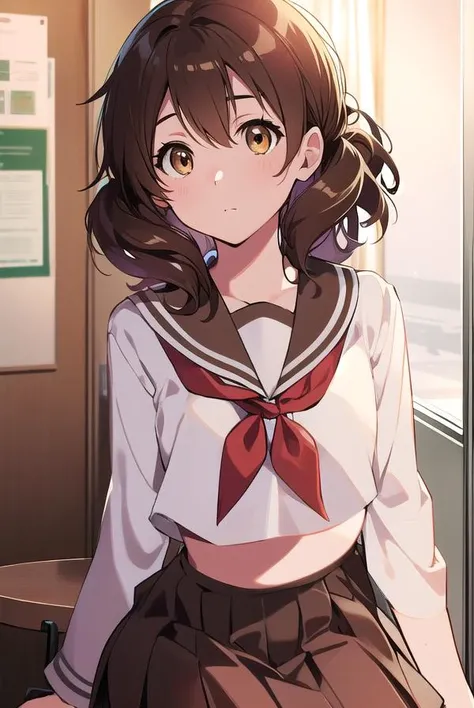 kumikooumae, <lyco:kumikooumae-LYCORIStest:1>,
kumiko oumae, (brown eyes:1.5), brown hair, short hair, wavy hair, (flat chest:1.2),
BREAK brown shirt, brown skirt, kitauji high school uniform, long sleeves, neckerchief, pleated skirt, red neckerchief, sail...