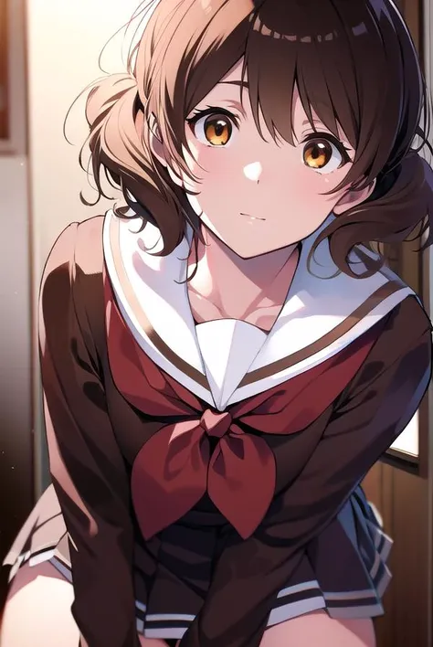 kumikooumae, <lyco:kumikooumae-LYCORIStest:1>,
kumiko oumae, (brown eyes:1.5), brown hair, short hair, wavy hair, (flat chest:1.2),
BREAK brown shirt, brown skirt, kitauji high school uniform, long sleeves, neckerchief, pleated skirt, red neckerchief, sail...