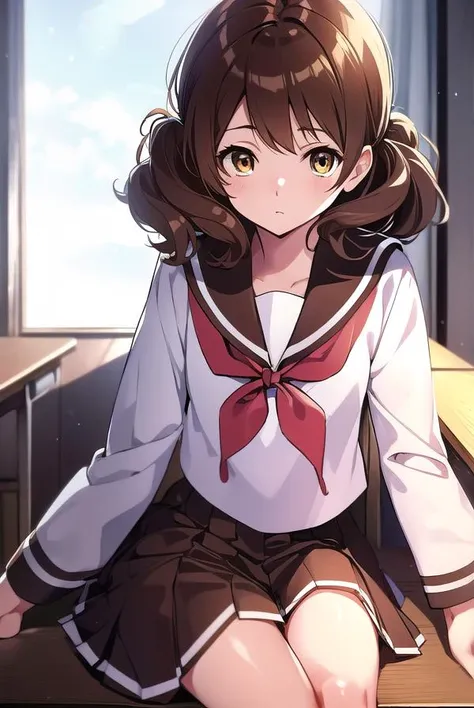 kumikooumae, <lyco:kumikooumae-LYCORIStest:1>,
kumiko oumae, (brown eyes:1.5), brown hair, short hair, wavy hair, (flat chest:1.2),
BREAK brown shirt, brown skirt, kitauji high school uniform, long sleeves, neckerchief, pleated skirt, red neckerchief, sail...