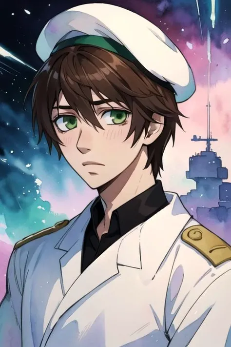 masterpiece, best quality, movie still, 1boy, solo, male focus, looking at viewer, upper body, , (watercolor illustration, soft pastel colors:1.1), , <lora:kotarou_izumi:0.72>, kotarou_izumi, brown hair, green eyes, , beret, science fiction military scienc...