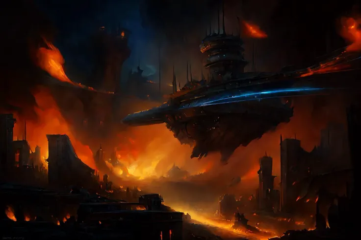 a spaceship flying over a city with flames and smoke