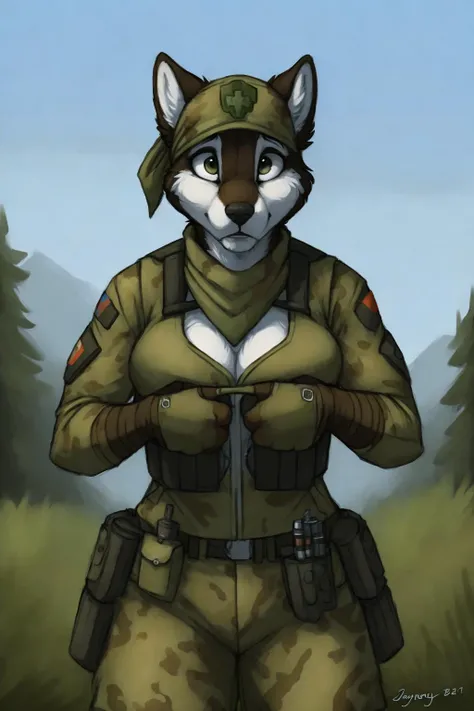 uploaded on e621, by Jay Naylor,  by Xenoforge, by honovy, waist up portrait, solo, anthro husky female, ((bandana)), tactical gloves, (military uniform, chest rig, armor vest, tactical clothing, camo), ((PMC combat medic, medic patch)),  (holding a pistol...