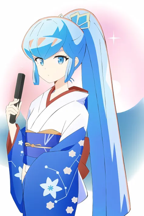 best quality, 1woman, beautifu face, long blue hair, bangs, ponytail, kimono, obi, Urusei Yatsura, Oyuki, <lora:Oyuki:0.7>, winter background,