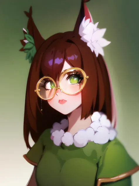 <lora:froggy:0.95>, animal ears, brown hair, round eyewear, green eyes, glasses, animal ear fluff, thick eyebrows