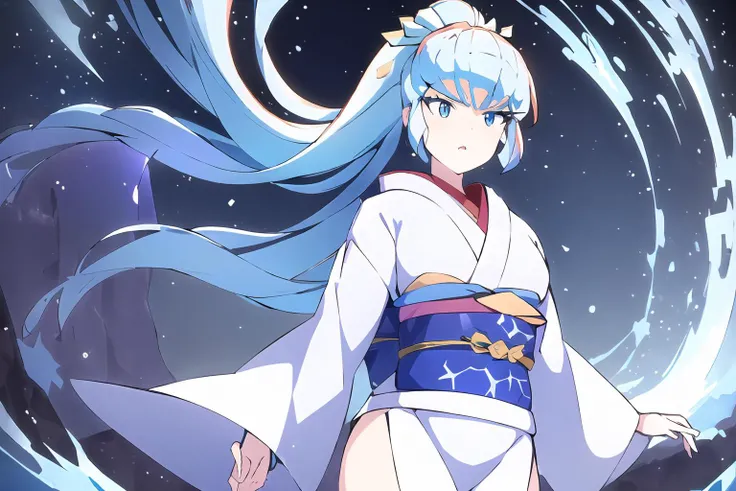 beautiful, (masterpiece:1.2), (best quality:1.2), perfect eyes, perfect face, perfect lighting, 1woman, action, angre, (blizzard:1.2), (ice storm:1.3), gesturing, spellcasting, beautifu face, long blue hair, bangs, ponytail, kimono, obi, Urusei Yatsura, Oy...