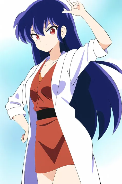 best quality, 1woman, standing, beautifu face, red eyes, hair between eyes, long hair, Urusei Yatsura, Sakura,  <lora:Sakura:0.7>, 
nurse, bathrobe,
simple background,