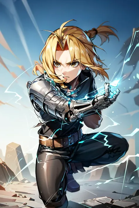 ((masterpiece,best quality, detailed)), outdoors, 1boy, edward elric, boots, white gloves, black pants, belt, black shirt, braided ponytail, (prosthetic arm:0.9), electricity