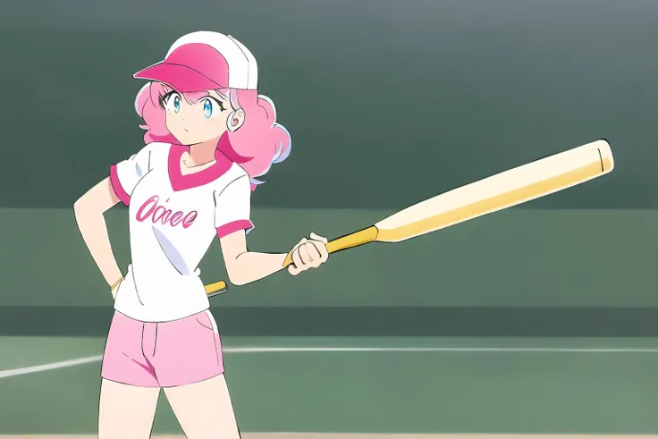 best quality, 1girl, standing, (baseball, hold baseball bat, strike:1.1), beautifu face, pointy chin, (short hair:0.6), pink hair, eyebrows visible through hair, bangs, bow, pink eyes, Urusei Yatsura, Ran, <lora:Ran:0.8>,
stadion background, (baseball cap:...