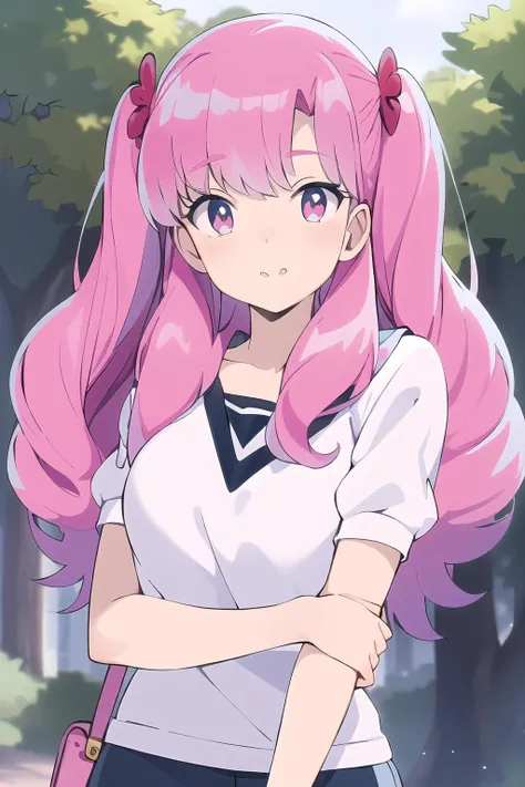 beautiful, (masterpiece:1.2), (best quality:1.2), perfect eyes, perfect face, perfect lighting, (1girl), pink hair, eyebrows visible through hair, bangs, 1bow, pink eyes, Urusei Yatsura, Ran, <lora:Ran:0.65>, upper body focus, hell background, forest backg...