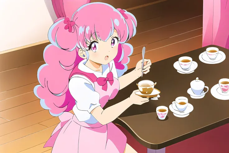 best quality, 1girl, standing, beautifu face, tea party, serving tea, pointy chin, (short hair:0.5), pink hair, eyebrows visible through hair, bangs, bow, pink eyes, Urusei Yatsura, Ran, <lora:Ran:0.7>, room background, table, cup of tea, tray, teapot, spo...