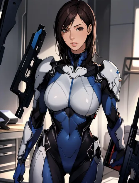 a woman in a blue and white suit holding a gun