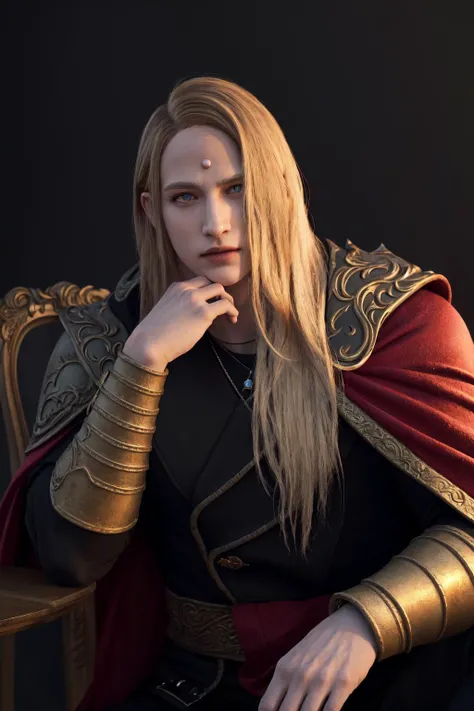 masterpiece, best quality, highres, 1boy zenos, red cape shoulder armor black coat <lora:zenos:1> sitting on chair, hand on own chin, (photorealistic:1.4), looking at viewer