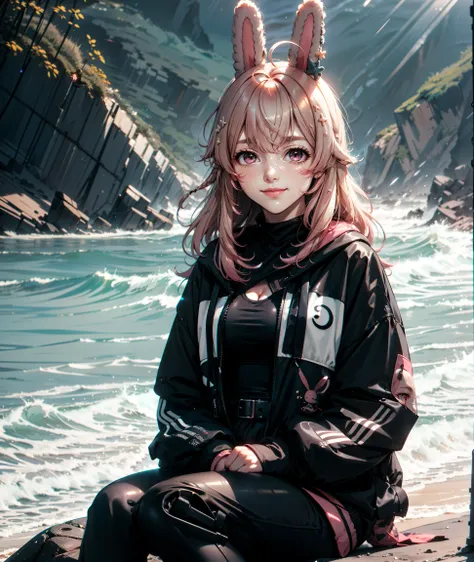 anime girl with bunny ears sitting on a rock by the ocean