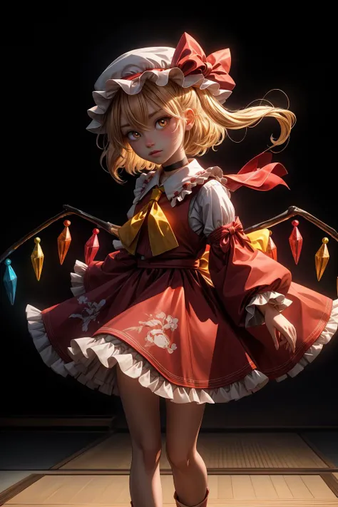 flandre scarlet,1girl, teddy_bear, solo, wings, mob_cap, holding_stuffed_toy, simple_background, crystal, frills, one_side_up, red_bow, looking_at_viewer, cowboy_shot, black_choker, standing, long_sleeves, black_background, closed_mouth, red_ribbon, glowin...