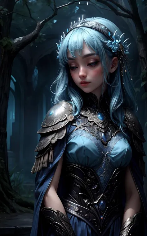 a woman with blue hair and armor standing in a forest