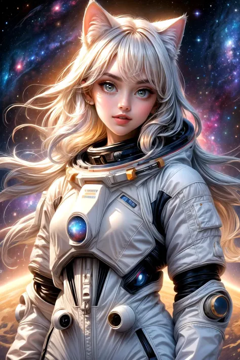 Generate an image of a girl with long, white hair and cat ears, adorned in a space suit, within an incredible universe teeming with galaxies, stars, and planets. Optimize for detailed features and a cosmic atmosphere. Utilize <lora:add_detail:0.500> for en...