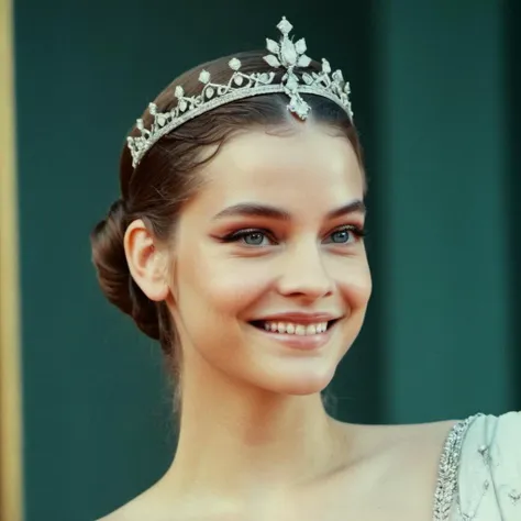 a woman wearing a tiara smiles while wearing a tiara