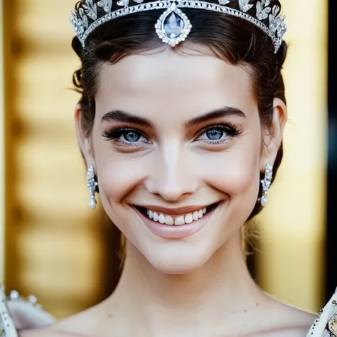 a close up of a woman wearing a tiara and smiling