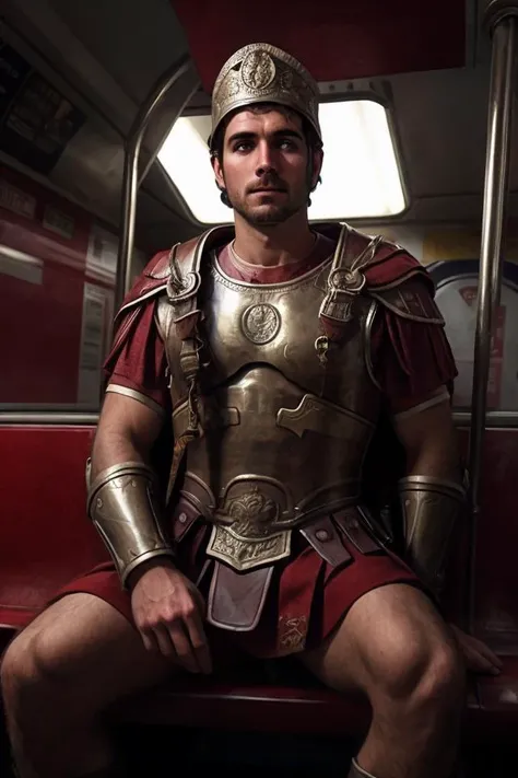 <lora:CenturionYard:0.7> photo of centurion man sitting on the tube, stubble, cinematic lighting