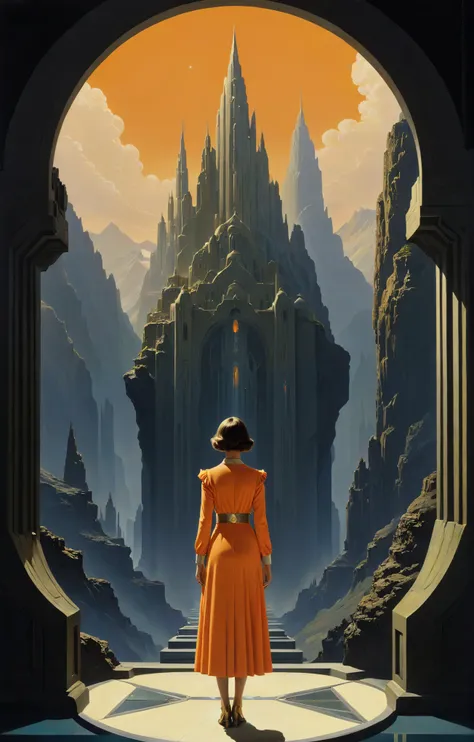 art deco style, (Chesley Bonestell, a detailed matte painting, matte painting, 1girl portrait), Horror Academia aesthetics, bright colors, stunning background. dark and moody, a mesmerizing blend of light and shadow. masterpiece, absurdres, intricate detai...