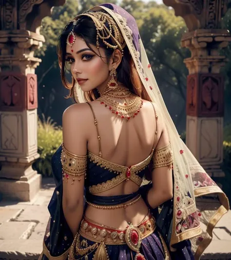 (((cowboy shot))) (wide depth of field), 30 year old jg_jcon,   sexy indian woman cute, adorable smile,(from behind back turned Looking at viewer over shoulder, small waist, medium hips, perfect ass,focus on lower body:1.5 ),a stunning detailed background ...