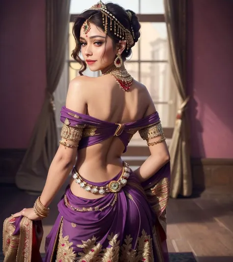 (((cowboy shot))) (wide depth of field), 30 year old mixbabe,   sexy indian woman cute, adorable smile,(from behind back turned Looking at viewer over shoulder, small waist, medium hips, medium perfect ass, prominent ass sticking out:1.5),a stunning detail...