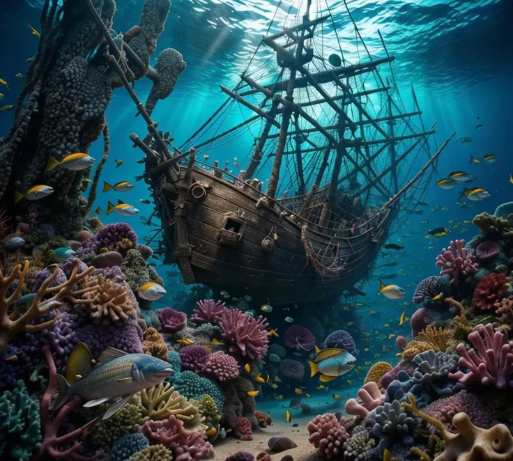 (masterpiece:1.2), (best quality,:1.2), 8k, HDR, ultra detailed, ((photorealistic)), professional light, cinematic lighting, fashion photography, ambient lighting, <lora:detail_slider_v4:2.5>, UnSea, a detailed pirate ship in a deep blue ocean with sharks ...