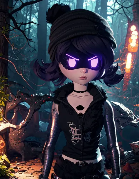 a woman in a black outfit and purple eyes stands in a forest