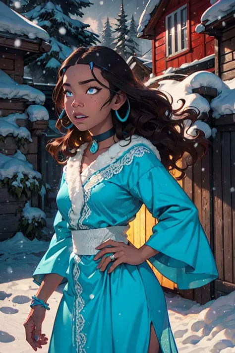 (katara:1.2), dark skin, dark-skinned female, blue eyes, brown hair, (wavy hair, hair down, long hair:1.2), choker, (blue outfit, blue robe), snowing, snowy background, winter (realistic:1.2), (masterpiece:1.2), (full-body-shot:1),(Cowboy-shot:1.2), neon l...