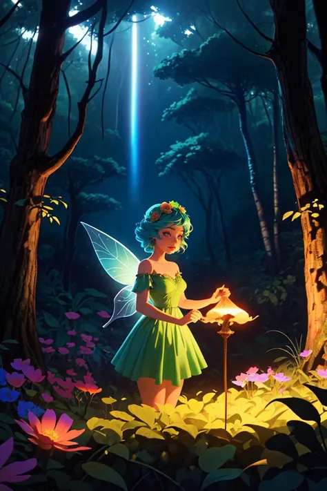 A girl is a fairy who lives in a magical forest. She is wearing a green dress and wings, and she has a flower crown and a wand. She is kind and friendly as she helps the animals and plants in the forest. The forest is lush and beautiful, and there are some...