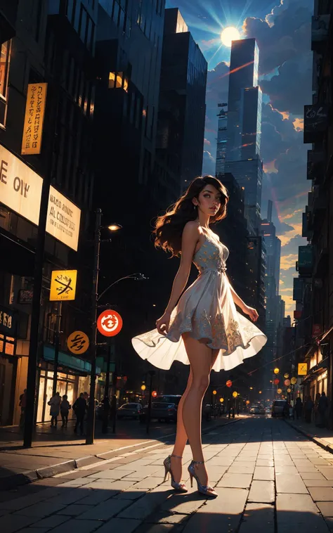 araffe woman in a white dress walking down a city street