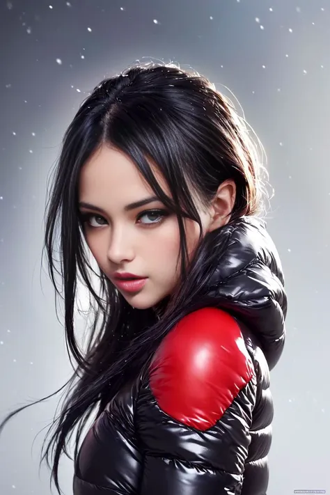 a woman in a black jacket and red gloves posing for a picture