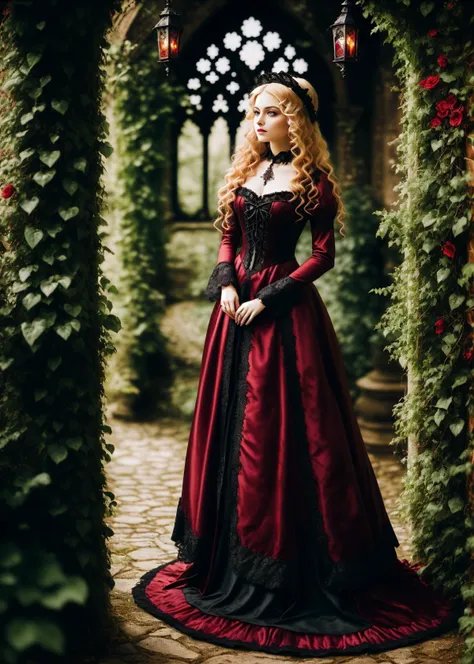 A photo of a gothic Victorian woman, her eyes gleaming with mischief, her honey-blond locks styled in loose waves. She is dressed in a garnet red gown, heavily adorned with black lace. Shes situated in a secret garden, filled with moonflowers and ivy-laden...