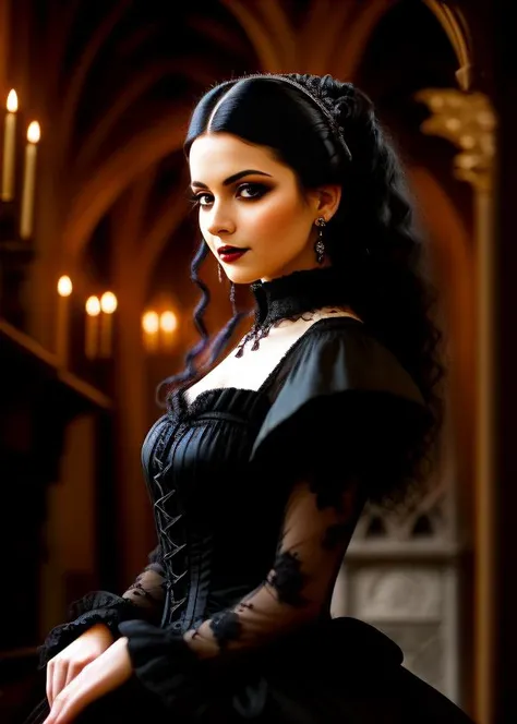 A photo of a gothic Victorian woman, with a subtle smile playing on her ruby lips, her hair a stark contrast in its jet-black hue. She wears a rich burgundy brocade dress with a high ruffled collar. She is inside a dusty old library filled with ancient, le...