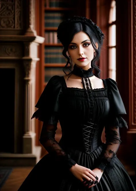 A photo of a gothic Victorian woman, with a subtle smile playing on her ruby lips, her hair a stark contrast in its jet-black hue. She wears a rich burgundy brocade dress with a high ruffled collar. She is inside a dusty old library filled with ancient, le...