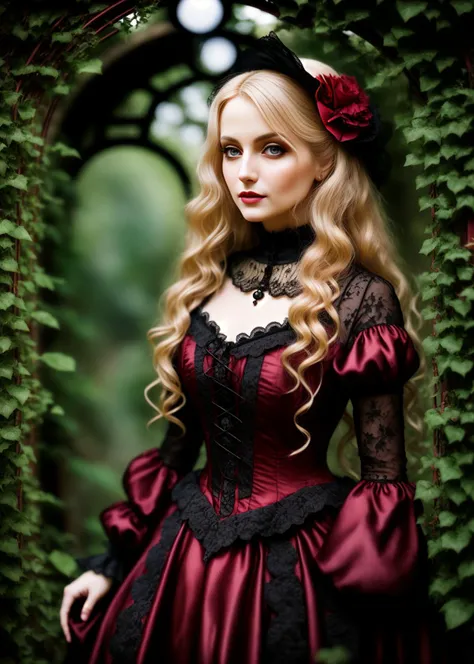 A photo of a gothic Victorian woman, her eyes gleaming with mischief, her honey-blond locks styled in loose waves. She is dressed in a garnet red gown, heavily adorned with black lace. Shes situated in a secret garden, filled with moonflowers and ivy-laden...