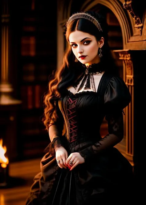 A photo of a gothic Victorian woman, with a subtle smile playing on her ruby lips, her hair a stark contrast in its jet-black hue. She wears a rich burgundy brocade dress with a high ruffled collar. She is inside a dusty old library filled with ancient, le...