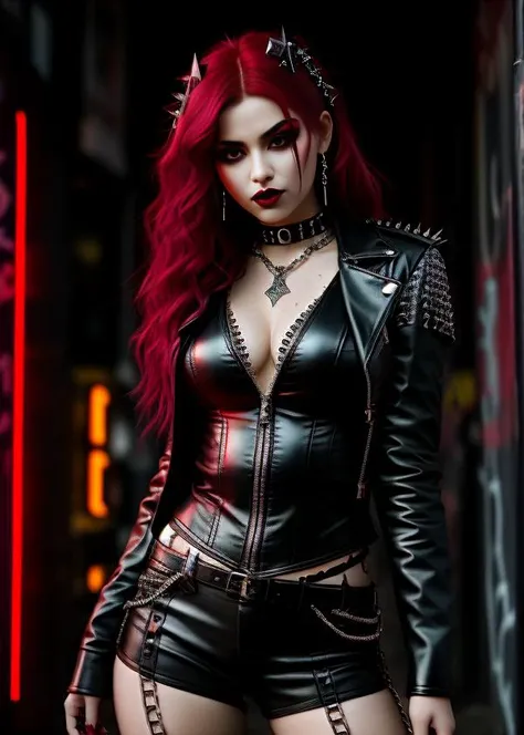 A photo of a gothic girl with blood-red lips and intense, smoldering eyes, framed by a tousled mane of dark cherry-red hair. She is wearing a form-fitting black leather jacket adorned with silver spikes and chains, paired with ripped fishnet stockings and ...