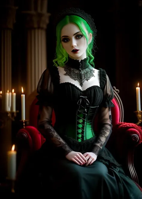 A photo of a gothic girl with pale skin and piercing green eyes, wearing a black corset dress and fingerless lace gloves. She is sitting on an antique throne in a dimly lit room adorned with gothic architecture. Candles illuminate the space, casting a warm...