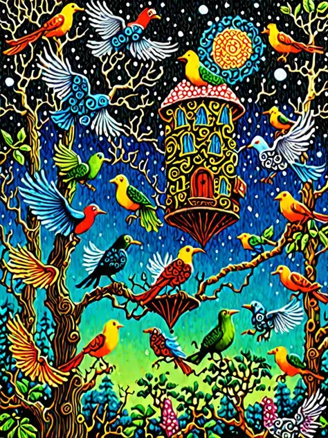 Acrylic Painting, Zentangle extreme effect, a flying colorful birds,a vivid scifi illustration of detailed fantastical surrealism of night jungle in style of Jacek Yerka, DonMM3l4nch0l1cP5ych0XL, <lora:Psychodelic Style:1>