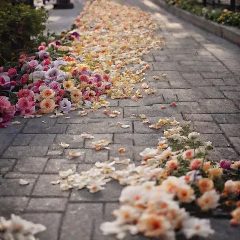 flowers are scattered on the sidewalk of a city street