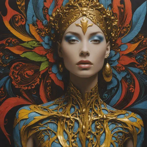 a close up of a woman with a gold headdress and blue eyes