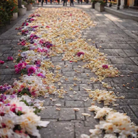 a close up of a flower lined sidewalk with people walking by