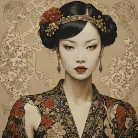 style of Neil Blevins, by Takato Yamamoto,  (pointed, Harlem Renaissance Art but extremely beautiful:1.4), (intricate details, masterpiece, best quality:1.4) , in the style of nicola samori,
High Fashion, dynamic, dramatic, haute couture, elegant, ornate c...