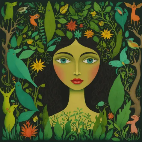 painting of a woman with a bird in her hair surrounded by plants and birds