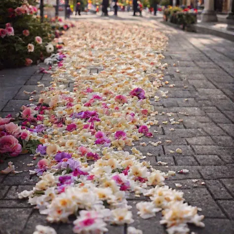 a close up of a sidewalk with flowers on it