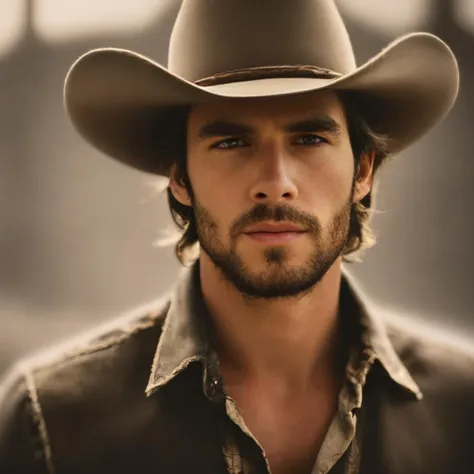 a man in a cowboy hat looks into the camera