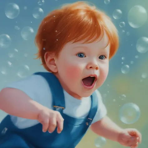 a little boy with ginger hair wearing denim overalls chasing bubbles. clean pastel painting, beautiful detailed face, lots of bubbles, photorealistic,  <lora:add-detail-xl:1>